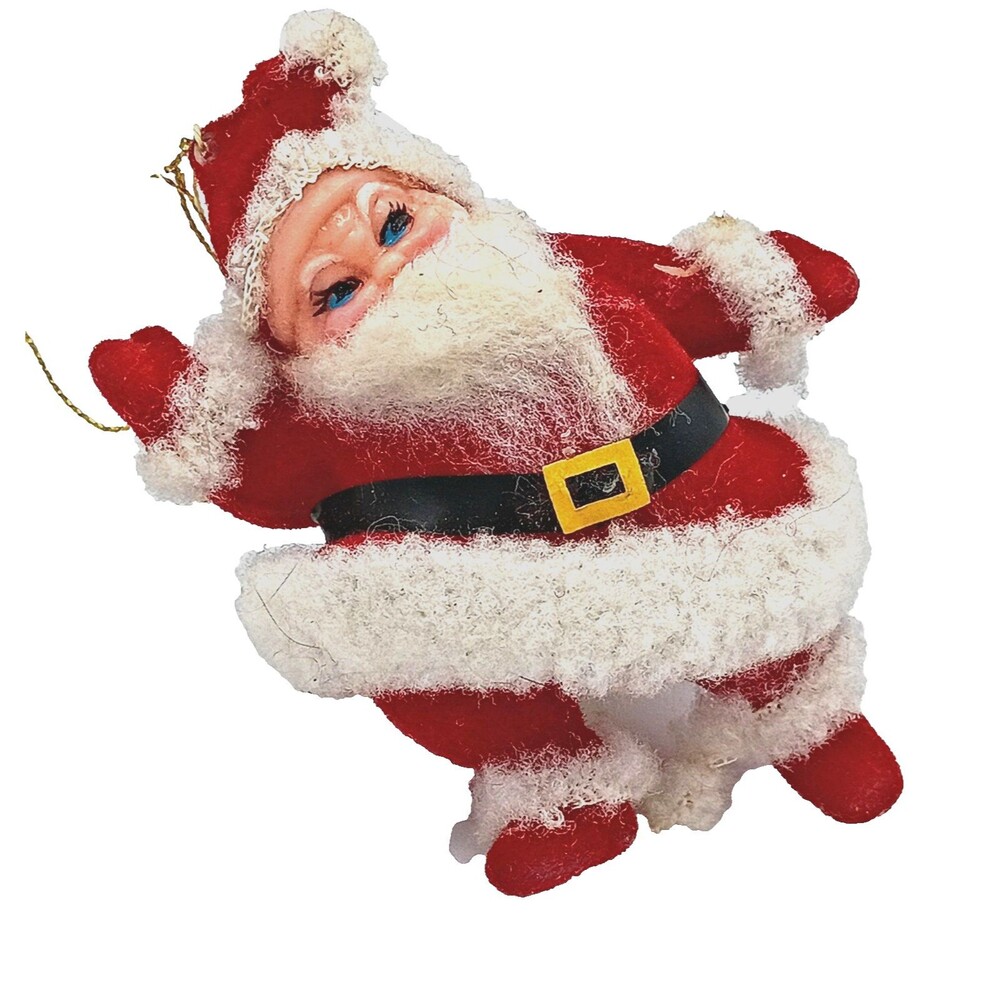 Vintage Flocked Dancing Santa Christmas Hanging Ornament Made in Hong Kong 3"